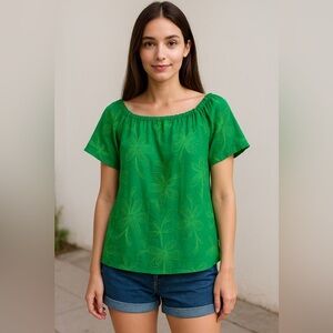 Terzo Millennio Green Size Large Made In Italy Cap Sleeve Embroidered Top Flowy